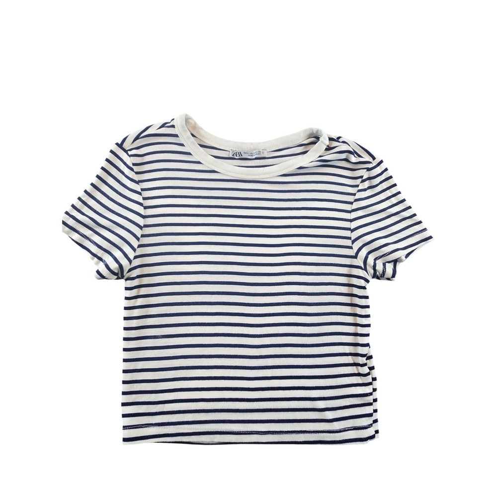 Zara Womens Ribbed Striped Cropped T-Shirt Navy Blue Off-White Crew Neck Medium
